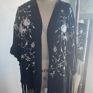 Abercrombie Floral Embroidered Fringe Kimono